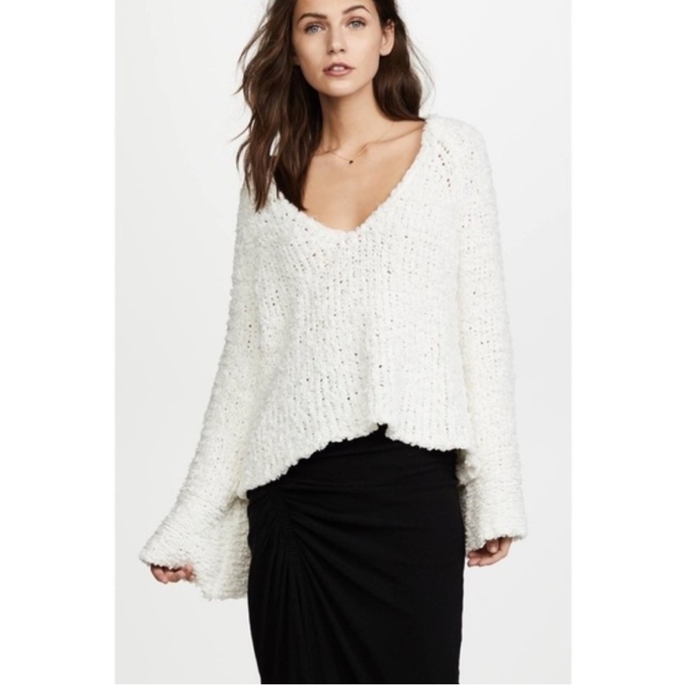 Free People nubby open knit white hi low sweater with flared sleeves
